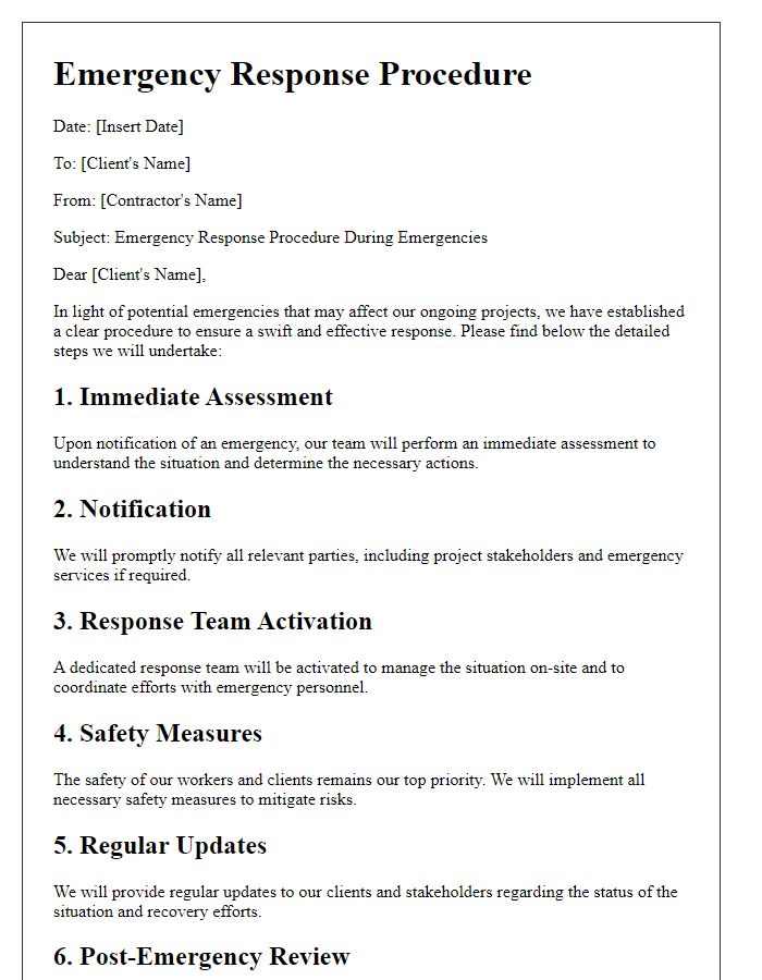 Letter template of contractor response procedure during emergencies.