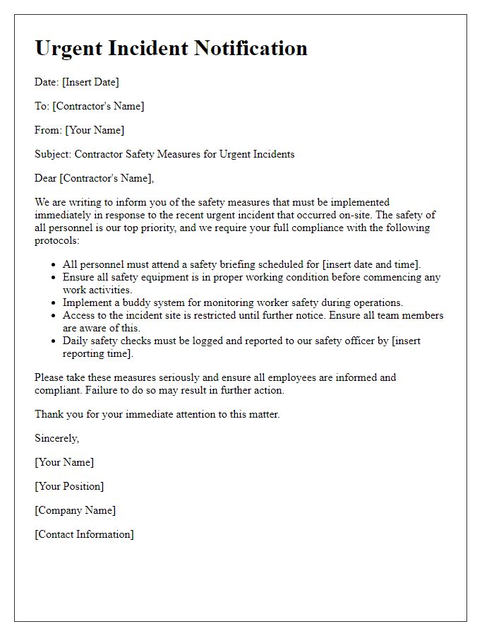 Letter template of contractor safety measures for urgent incidents.