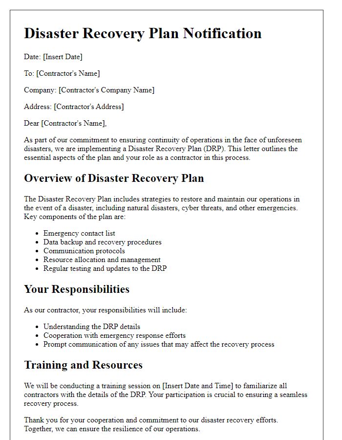 Letter template of disaster recovery plan for contractors.