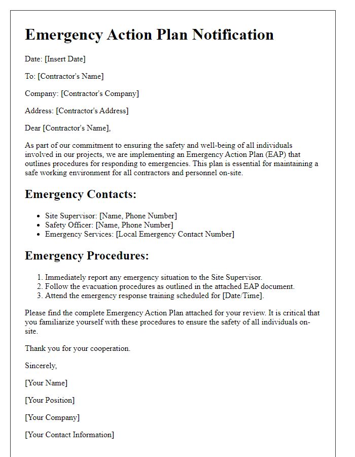 Letter template of emergency action plan for contractors.