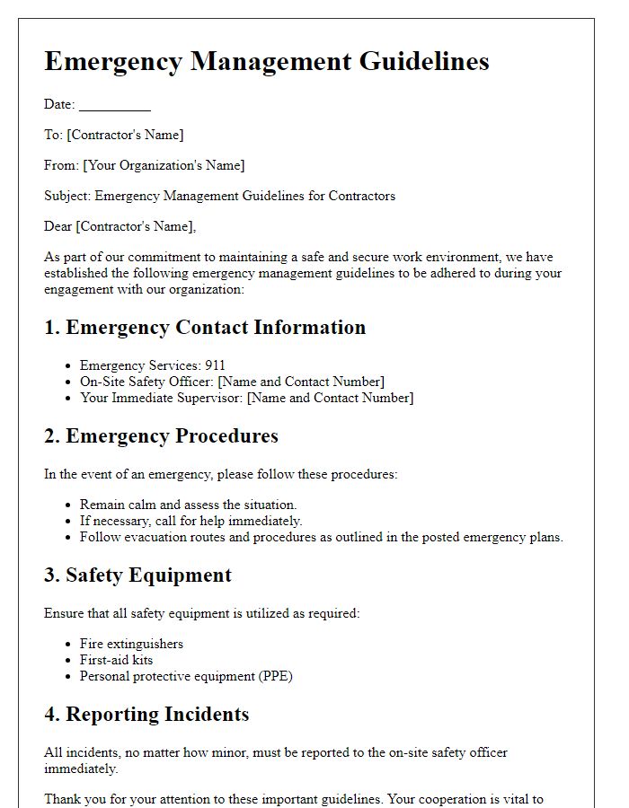 Letter template of emergency management guidelines for contractors.