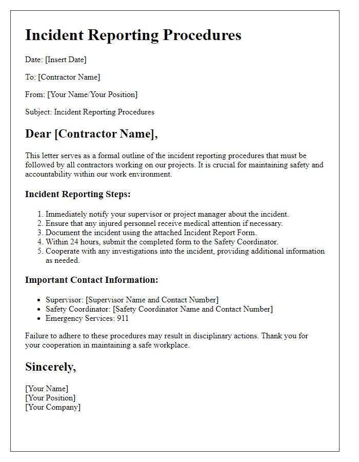 Letter template of incident reporting procedures for contractors.