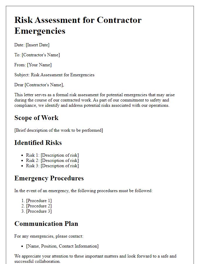 Letter template of risk assessment for contractor emergencies.