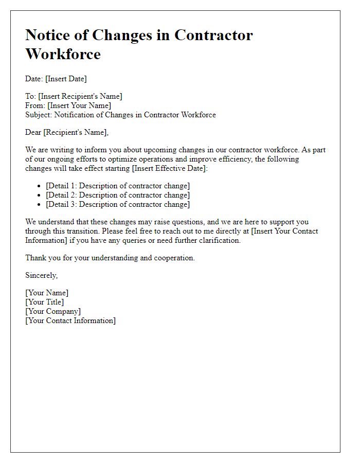 Letter template of changes in contractor workforce communication