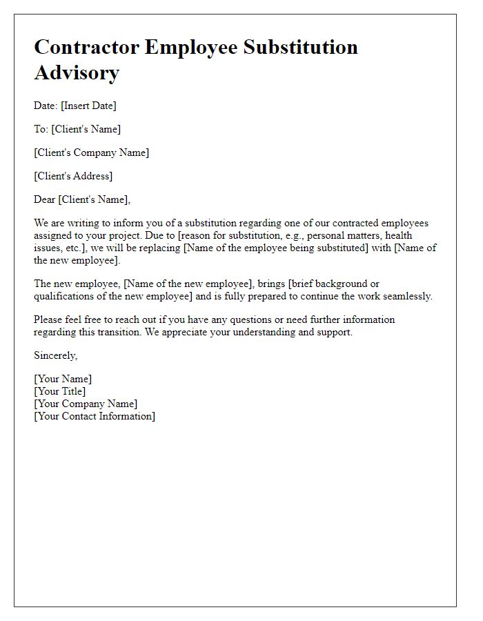 Letter template of contractor employee substitution advisory