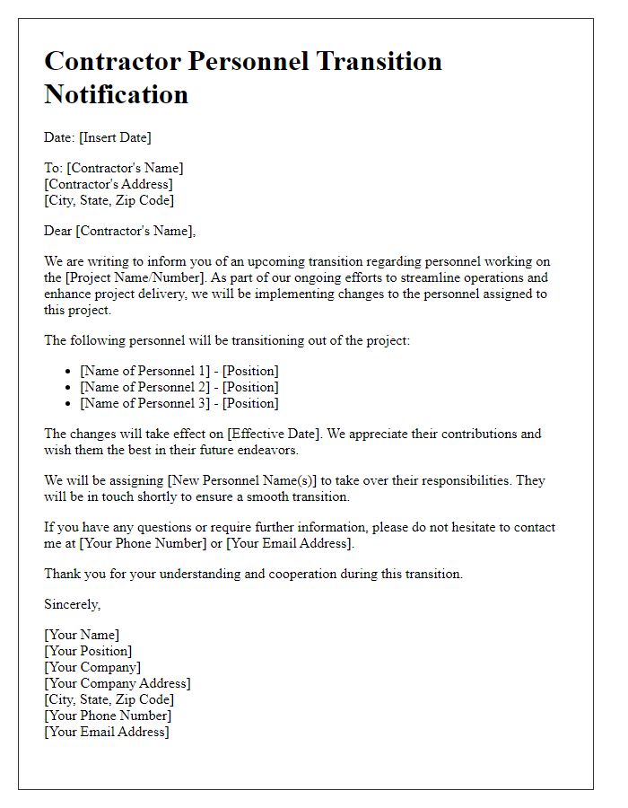Letter template of notification for contractor personnel transition