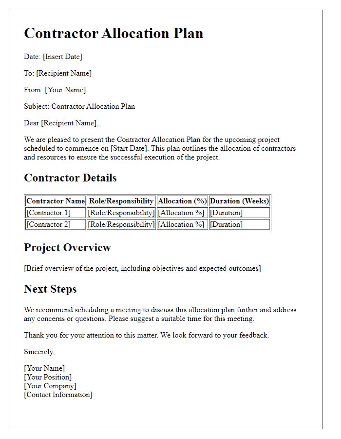 Letter template of contractor allocation plan