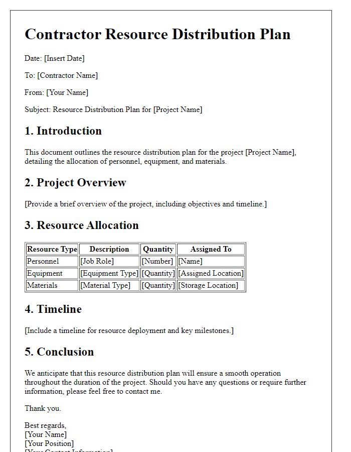 Letter template of contractor resource distribution plan