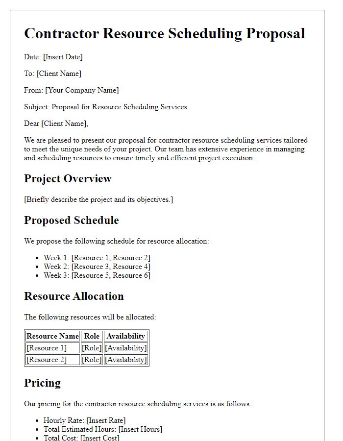 Letter template of contractor resource scheduling proposal