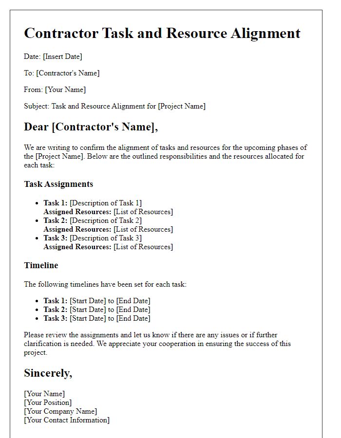 Letter template of contractor task and resource alignment