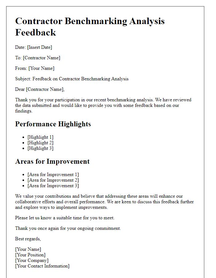 Letter template of contractor benchmarking analysis feedback