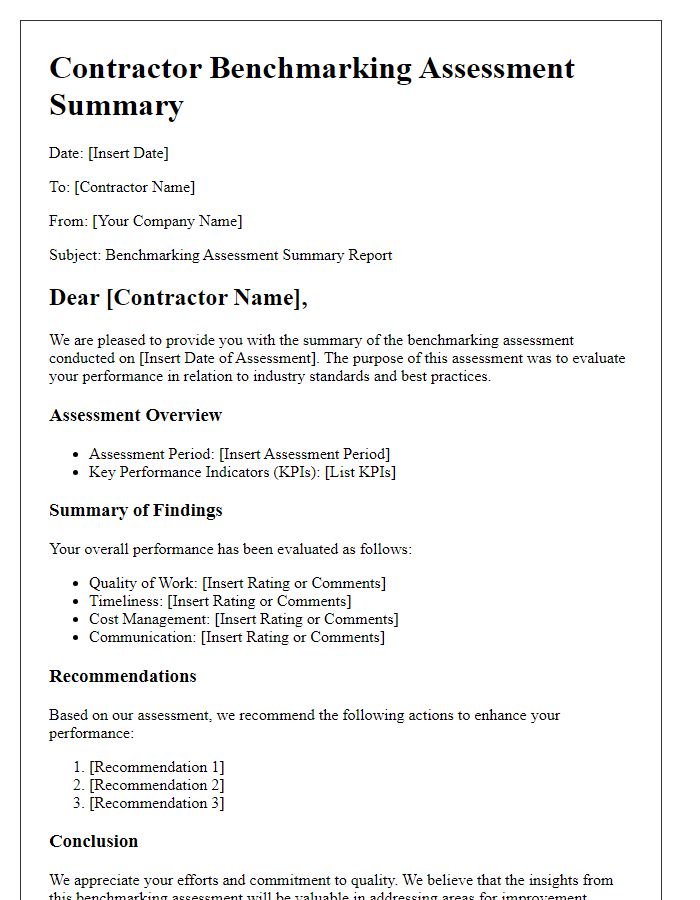 Letter template of contractor benchmarking assessment summary