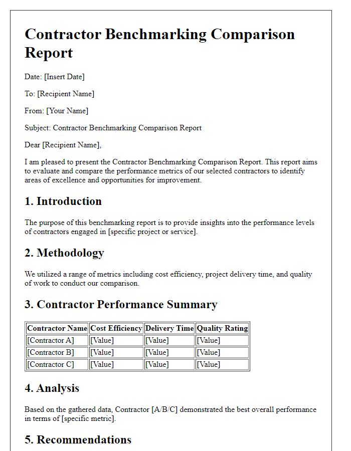 Letter template of contractor benchmarking comparison report