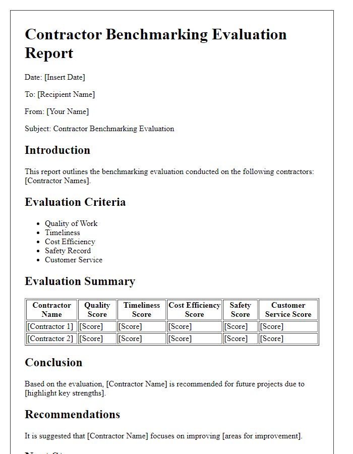 Letter template of contractor benchmarking evaluation report