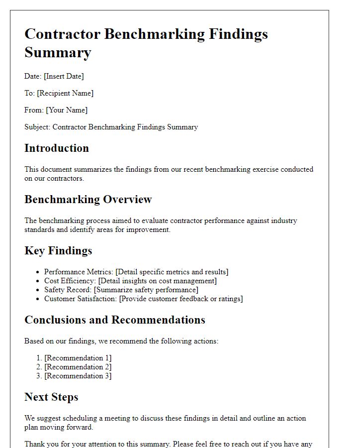 Letter template of contractor benchmarking findings summary