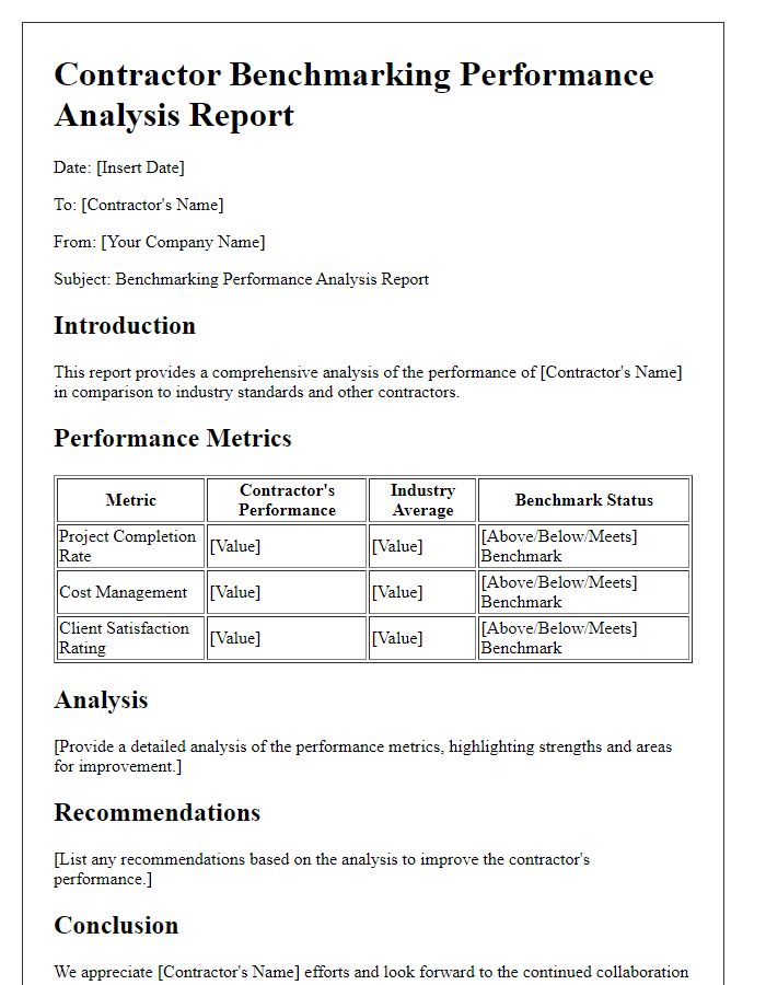 Letter template of contractor benchmarking performance analysis report