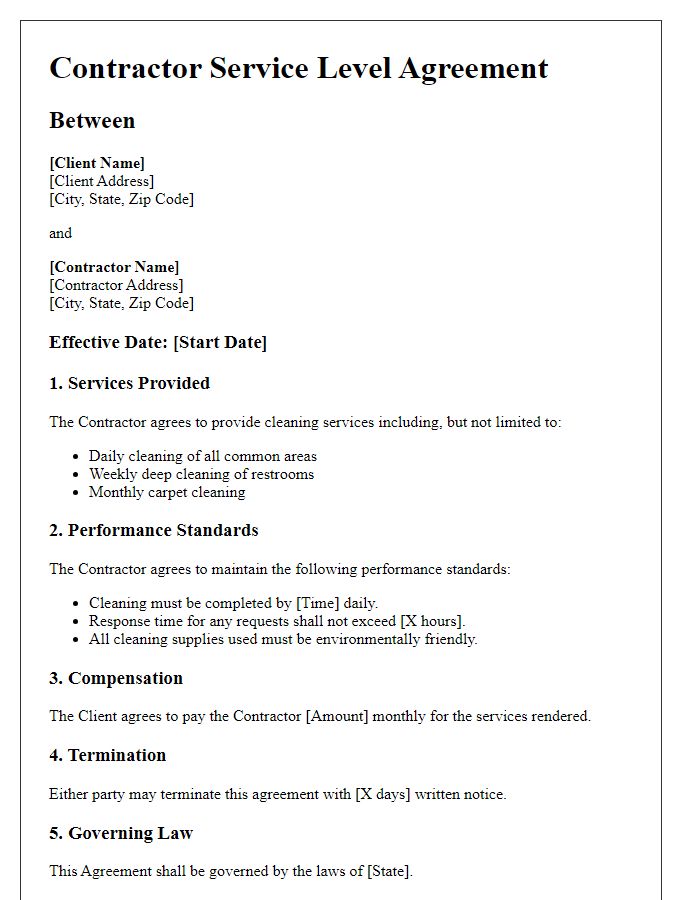 Letter template of Contractor Service Level Agreement for Cleaning Services