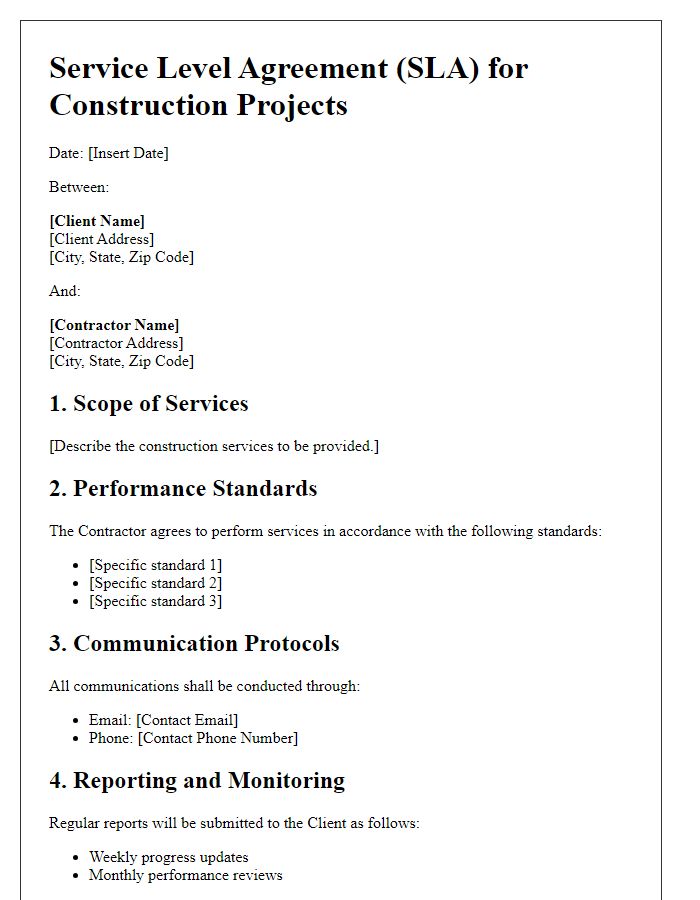 Letter template of Contractor Service Level Agreement for Construction Projects