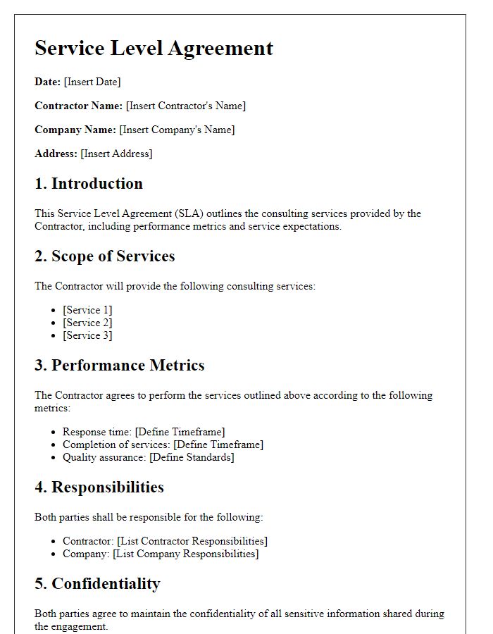 Letter template of Contractor Service Level Agreement for Consulting Services