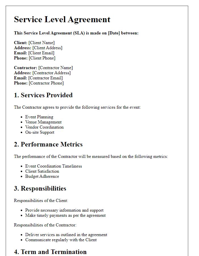 Letter template of Contractor Service Level Agreement for Event Management