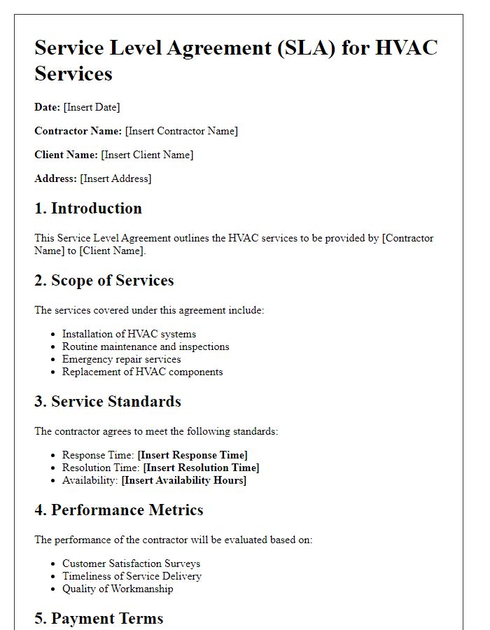 Letter template of Contractor Service Level Agreement for HVAC Services