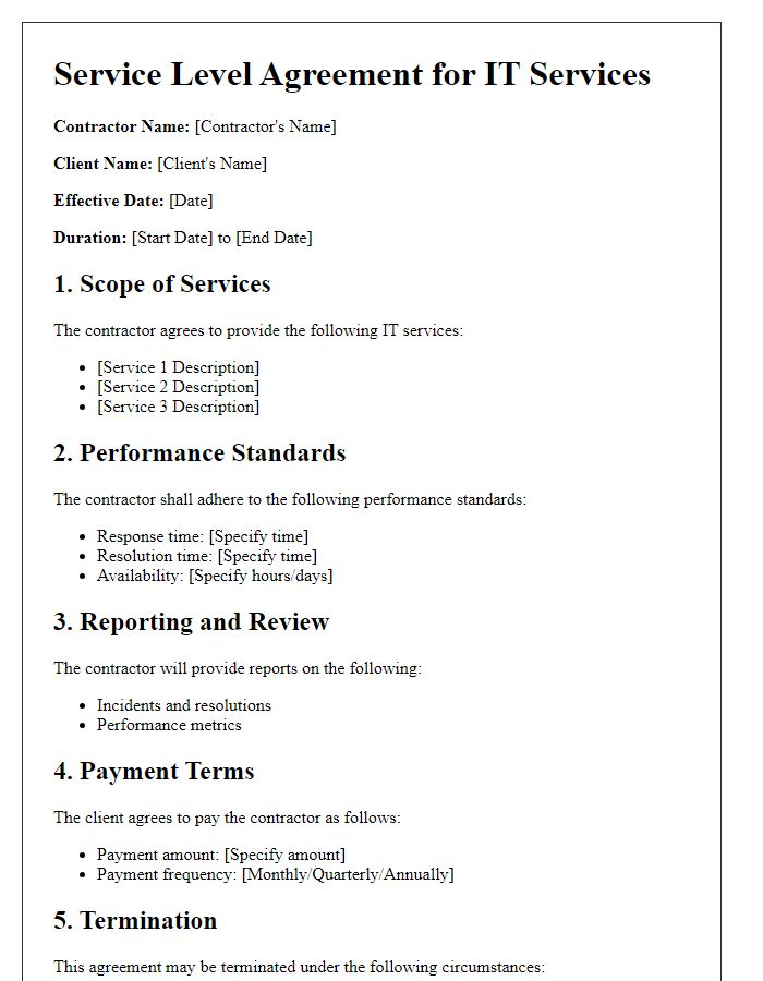 Letter template of Contractor Service Level Agreement for IT Services