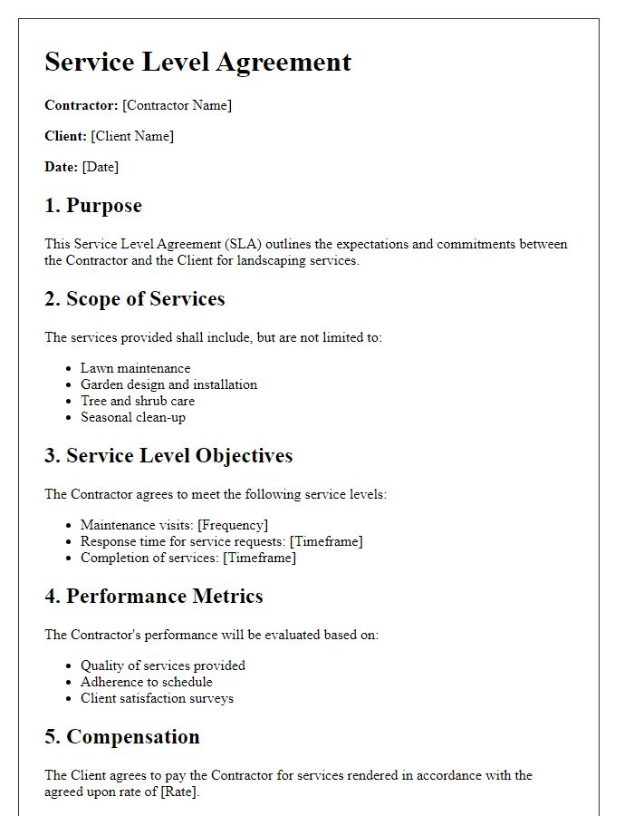 Letter template of Contractor Service Level Agreement for Landscaping Services