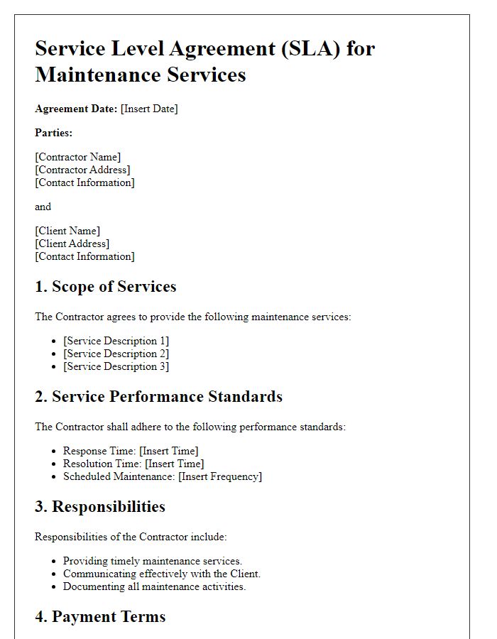 Letter template of Contractor Service Level Agreement for Maintenance Services