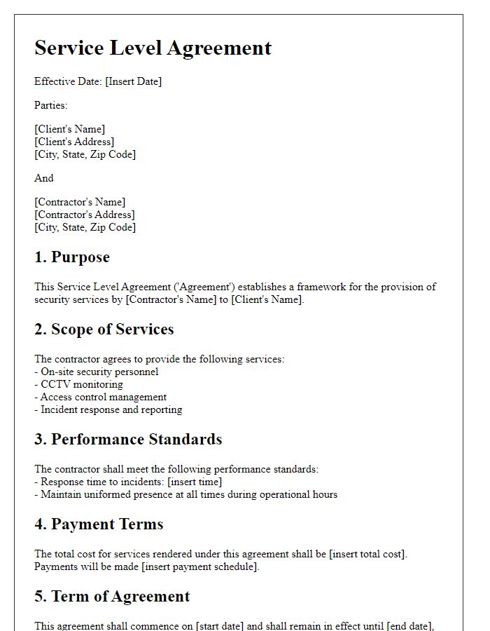 Letter template of Contractor Service Level Agreement for Security Services