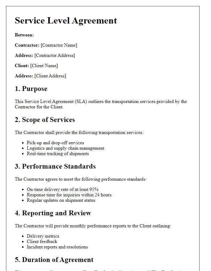 Letter template of Contractor Service Level Agreement for Transportation Services