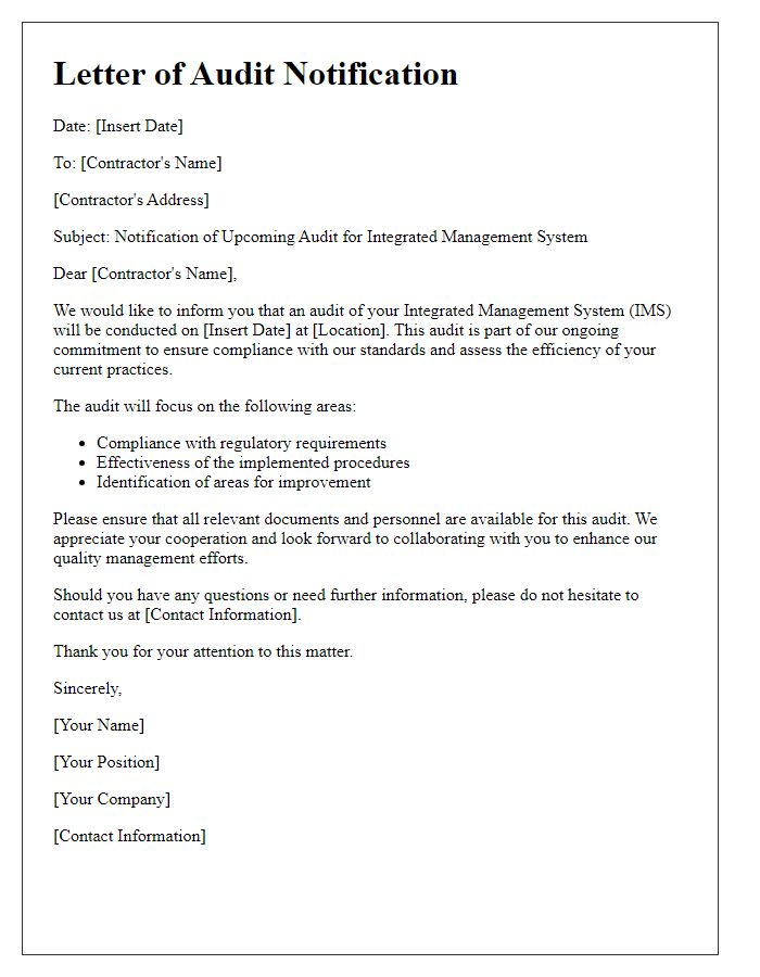 Letter template of contractor integrated management system audit