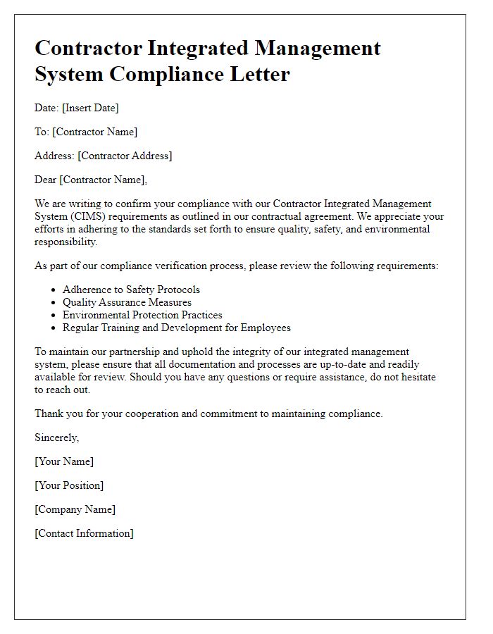 Letter template of contractor integrated management system compliance