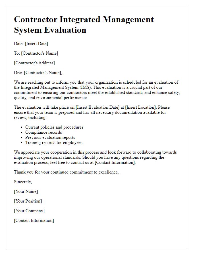 Letter template of contractor integrated management system evaluation