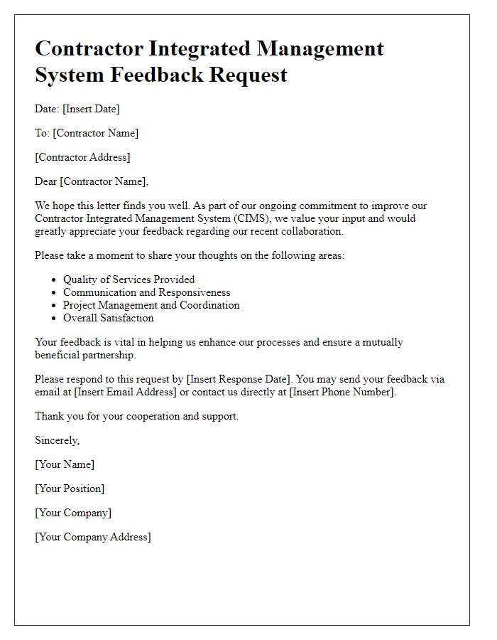 Letter template of contractor integrated management system feedback request