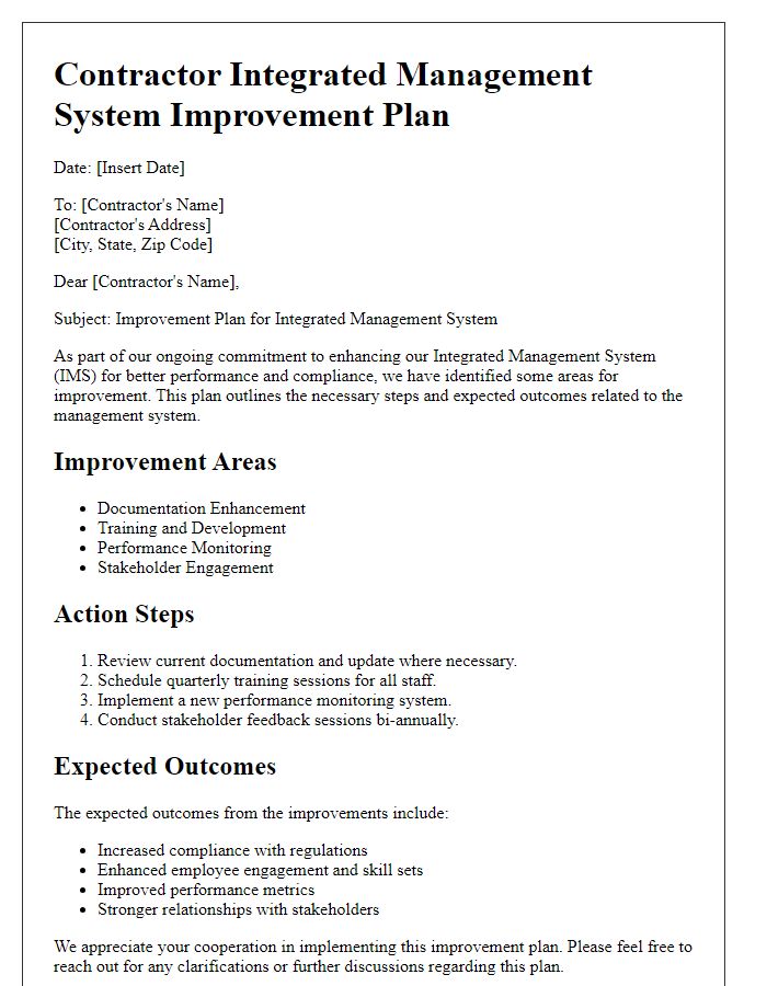 Letter template of contractor integrated management system improvement plan