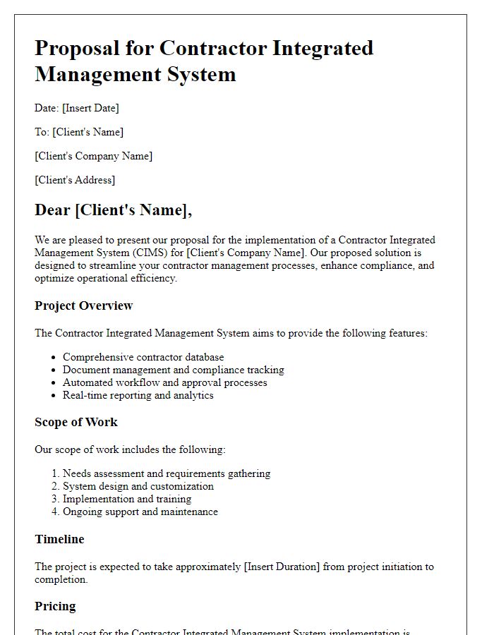 Letter template of contractor integrated management system proposal