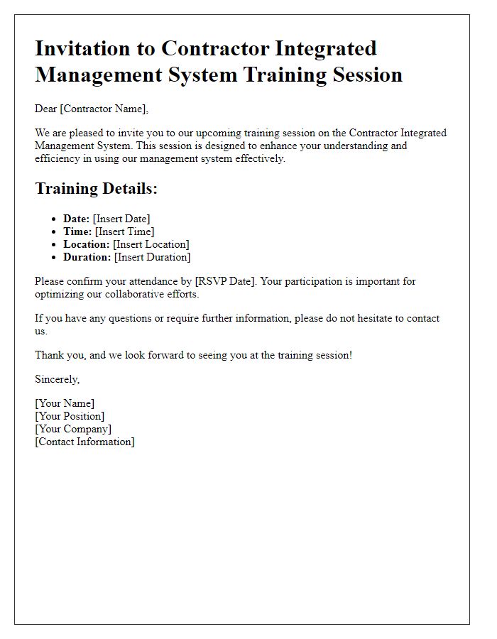 Letter template of contractor integrated management system training session