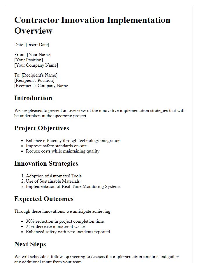 Letter template of contractor innovation implementation overview