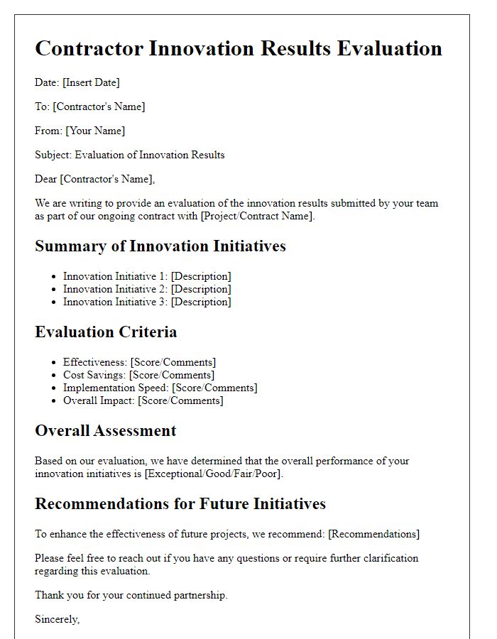 Letter template of contractor innovation results evaluation