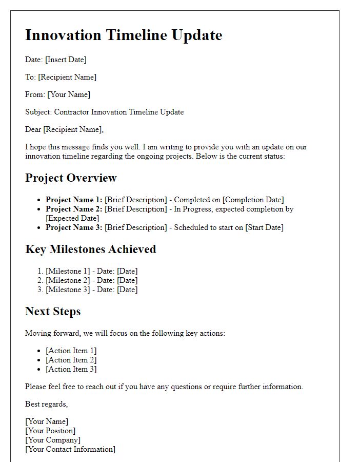 Letter template of contractor innovation timeline update