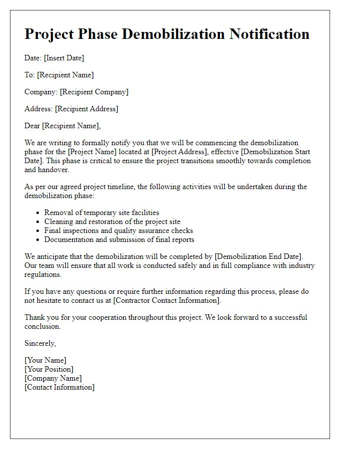 Letter template of contractor project phase demobilization for commercial developments