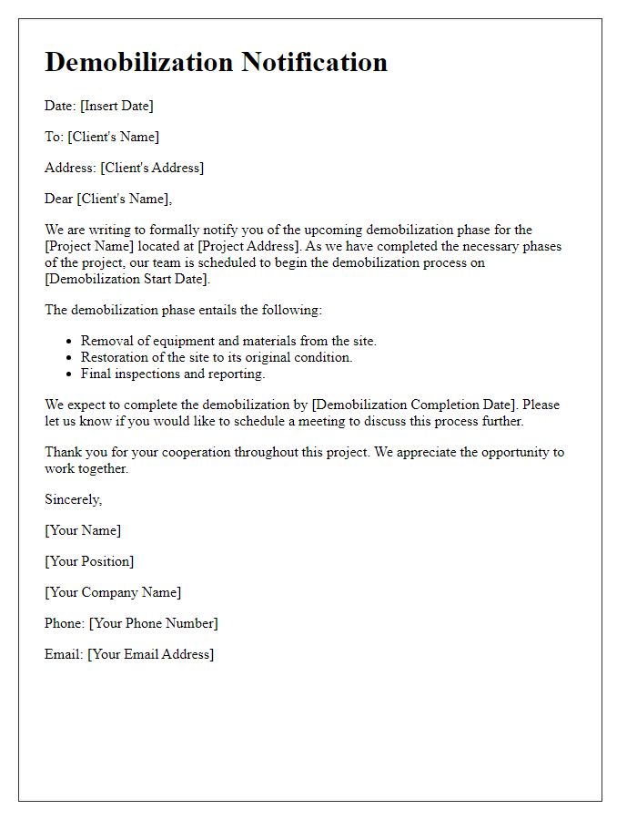 Letter template of contractor project phase demobilization for construction sites