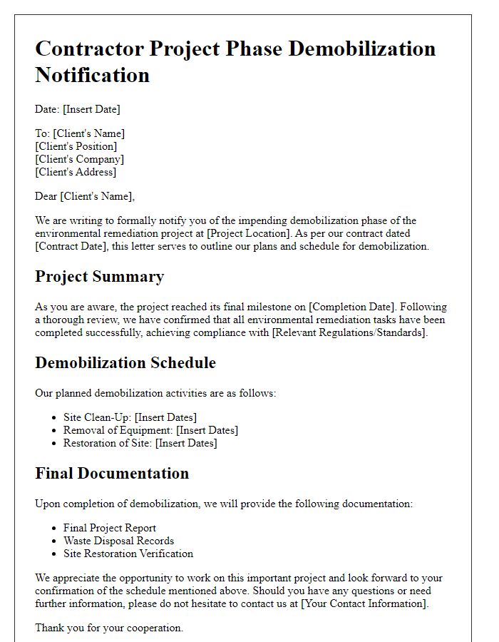 Letter template of contractor project phase demobilization for environmental remediation jobs