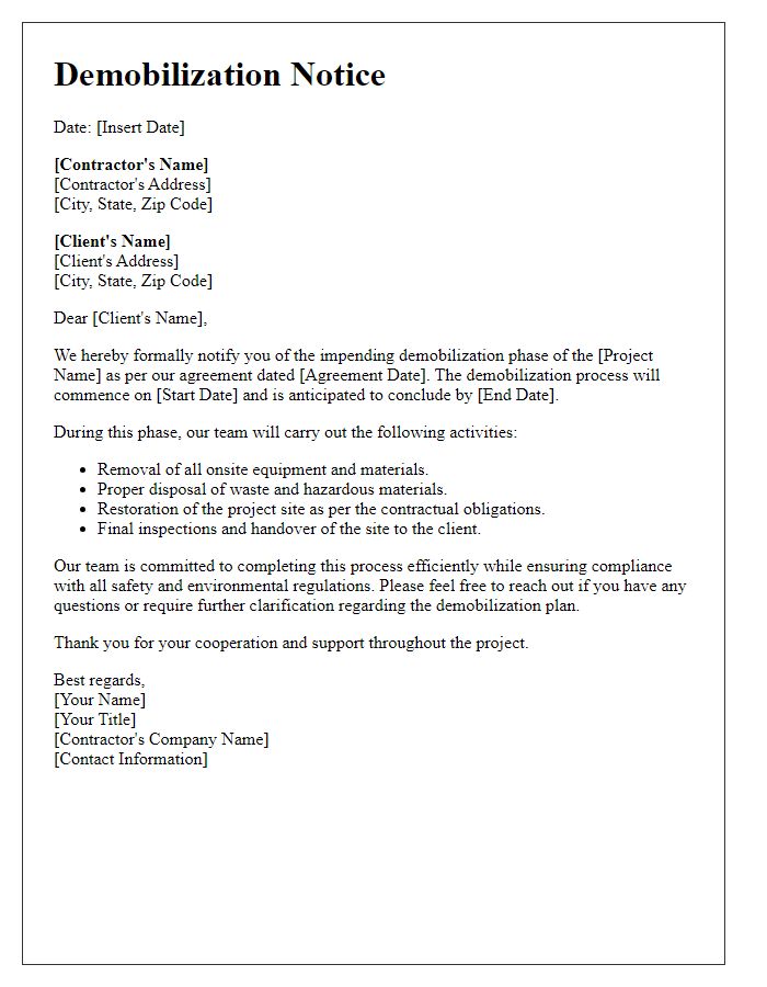 Letter template of contractor project phase demobilization for industrial projects