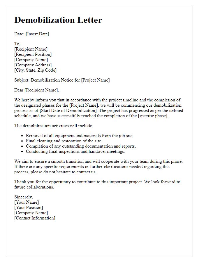 Letter template of contractor project phase demobilization for infrastructure development