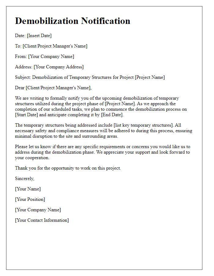 Letter template of contractor project phase demobilization for temporary structures