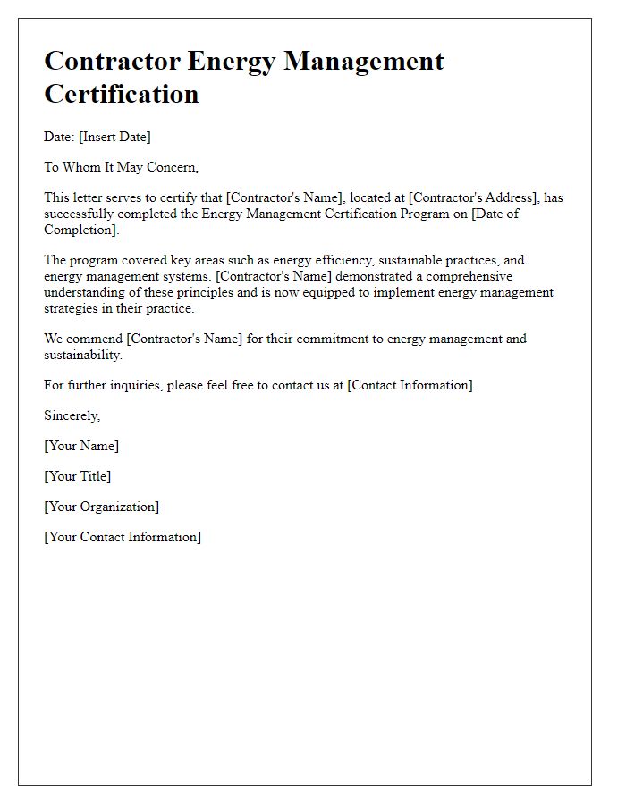 Letter template of Contractor Energy Management Certification