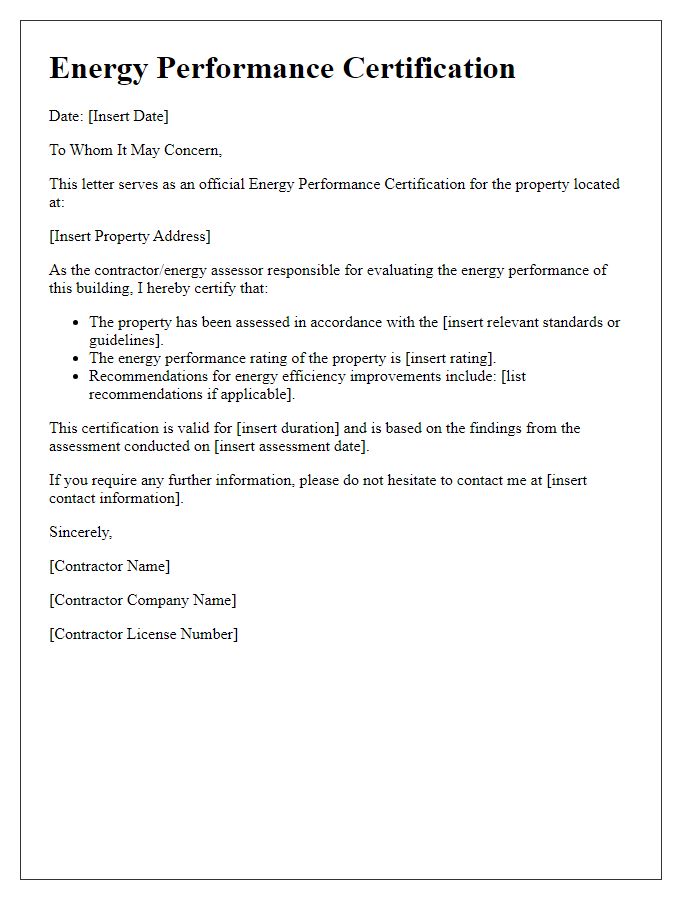 Letter template of Contractor Energy Performance Certification