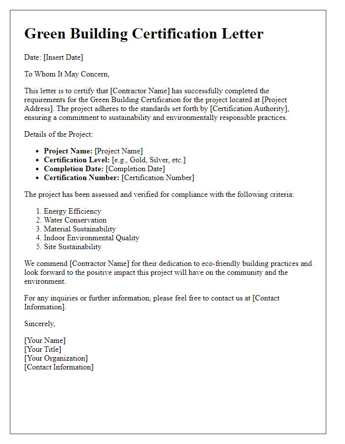 Letter template of Contractor Green Building Certification