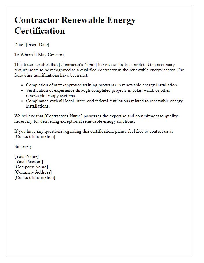 Letter template of Contractor Renewable Energy Certification